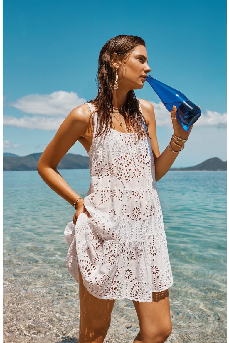 Ibiza Tie Back Cotton Eyelet Cover-Up Sundress, Alternate, color, WHITE