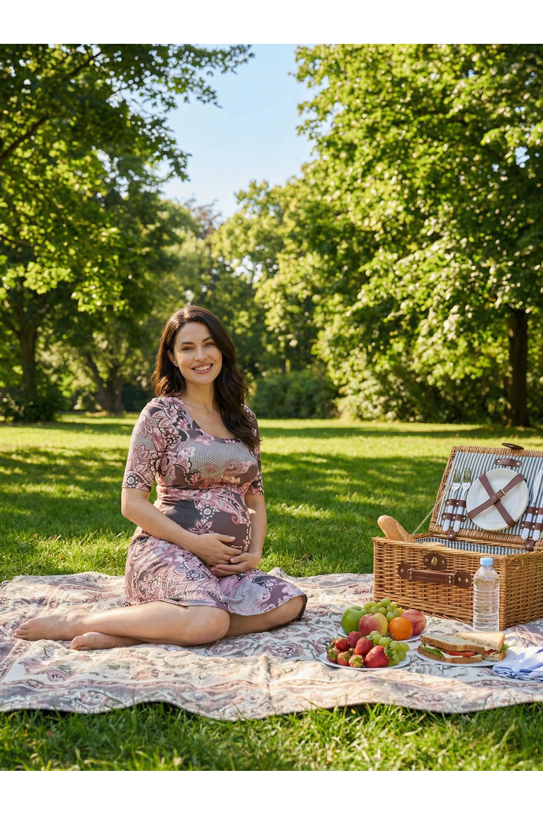 Maternity Paisley Scoop Neck Elbow Sleeve Knee Length Skater Dress, Alternate, color, Brown Multi