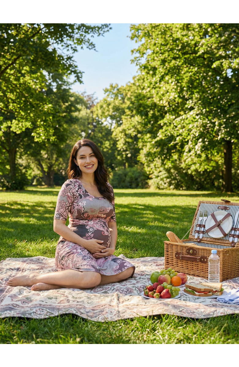 24seven Comfort Apparel Maternity Paisley Scoop Neck Elbow Sleeve Knee Length Skater Dress, Alternate, color, Brown Multi