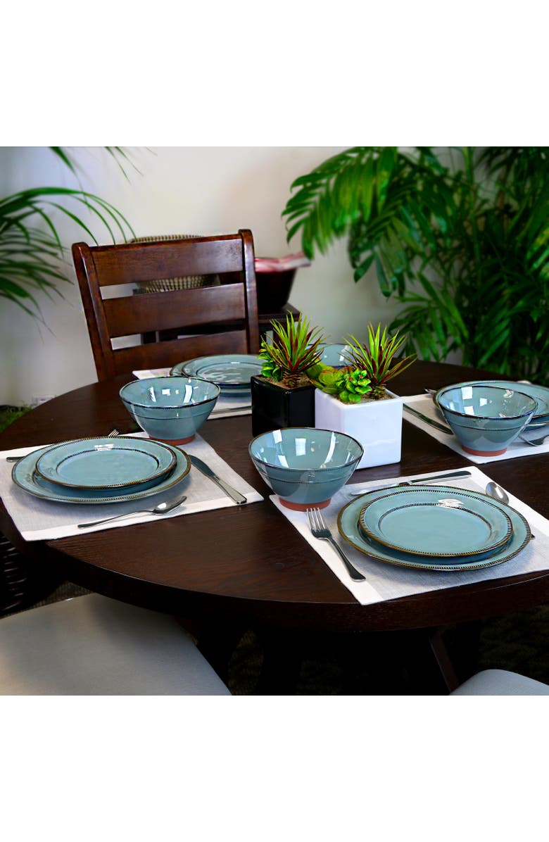 Gibson Elite Terranea 12 Piece Round Terracotta Dinnerware Set, Alternate, color, Blue