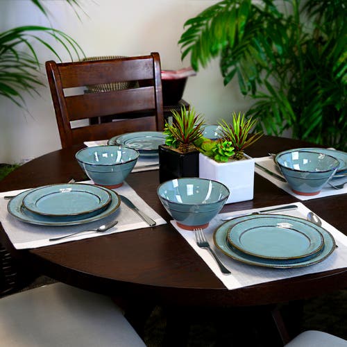 Gibson Elite Terranea 12 Piece Round Terracotta Dinnerware Set In Blue