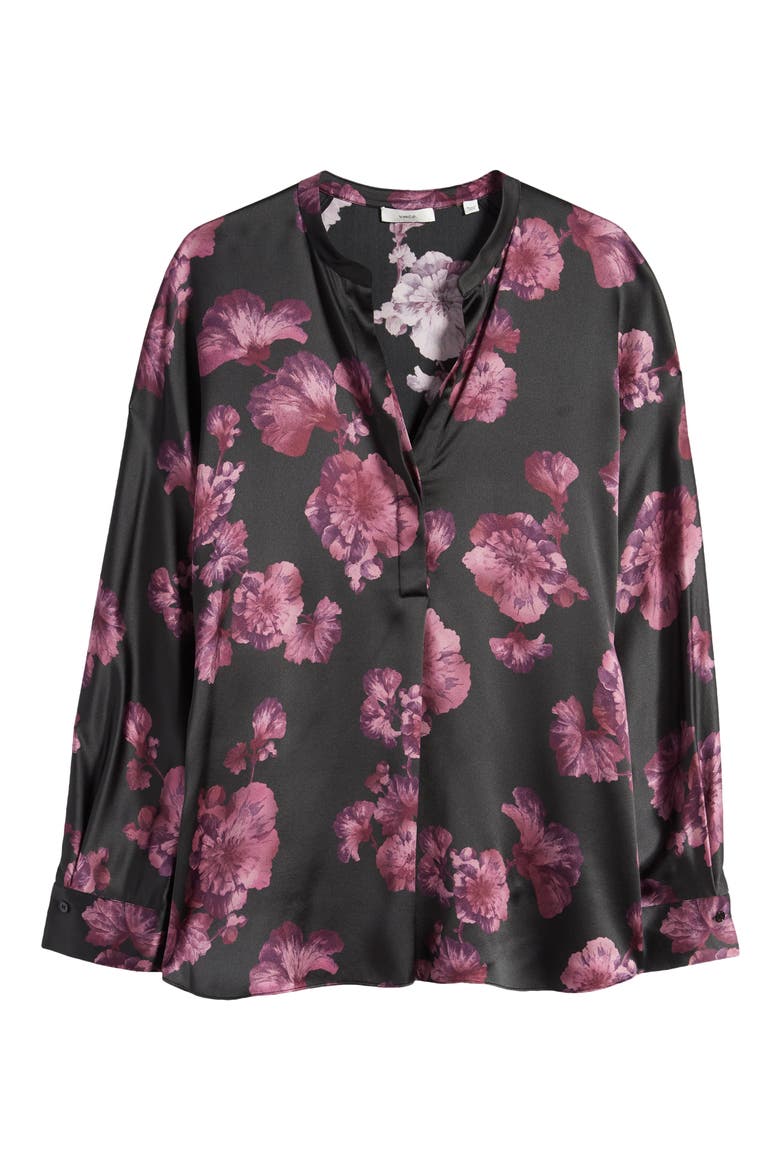 Begonia Print Silk Popover Top, Alternate, color, BLACK/ WINE