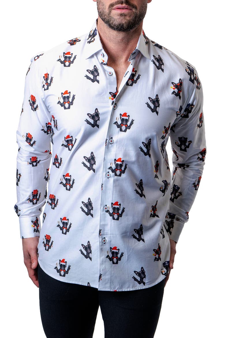 Fibonacci Frenchie Peace Regular Fit Cotton Button-Up Shirt, Main, color, WHITE