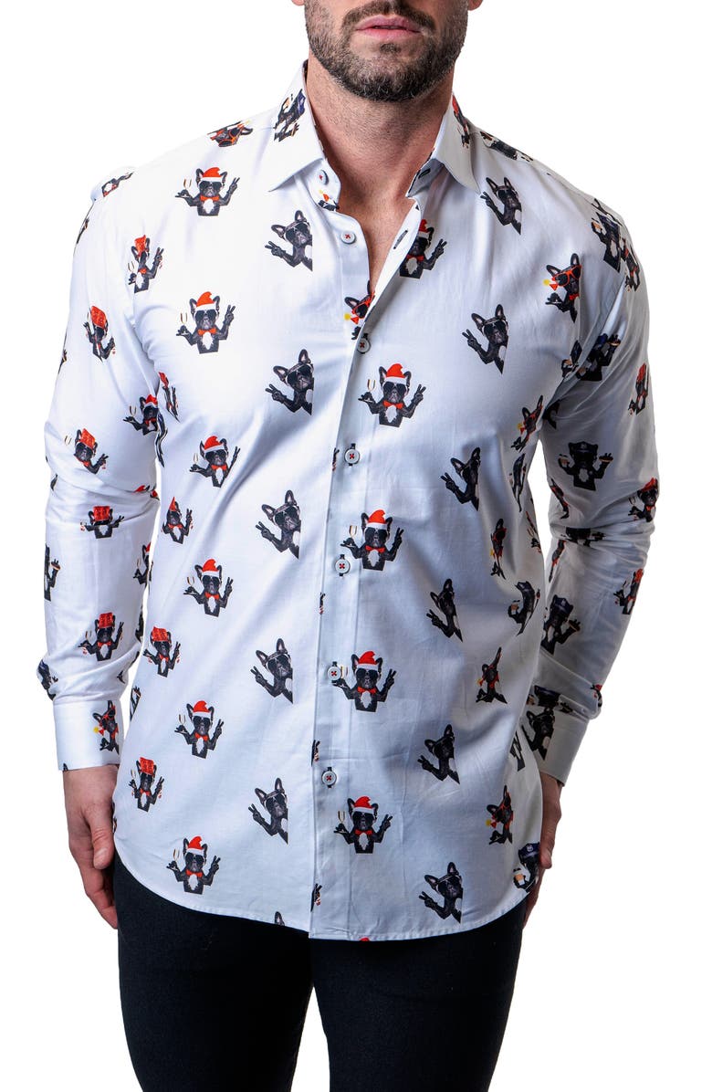 Maceoo Fibonacci Frenchie Peace Regular Fit Cotton Button-Up Shirt, Main, color, White