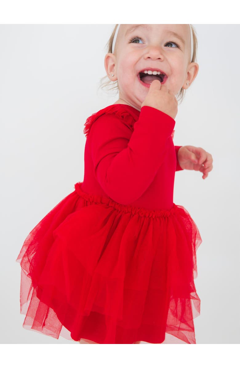 RuffleButts Baby Girls Flutter Tulle Long Sleeve Twirl Romper, Alternate, color, Red