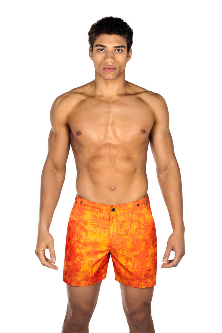 Elvio 5.5" Sunburst Floral Nylon Swim Trunks, Alternate, color, ORANGE