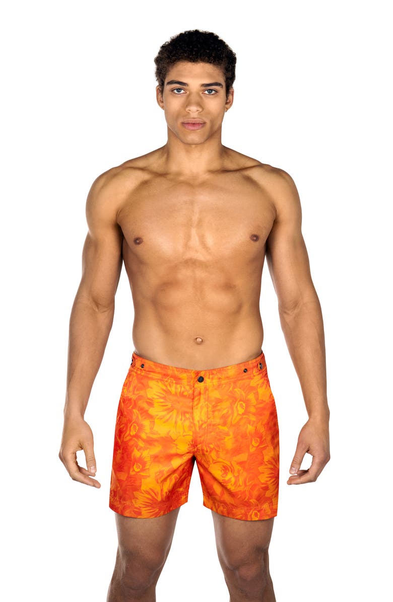 PRINCE & BOND Elvio 5.5" Sunburst Floral Nylon Swim Trunks, Alternate, color, 