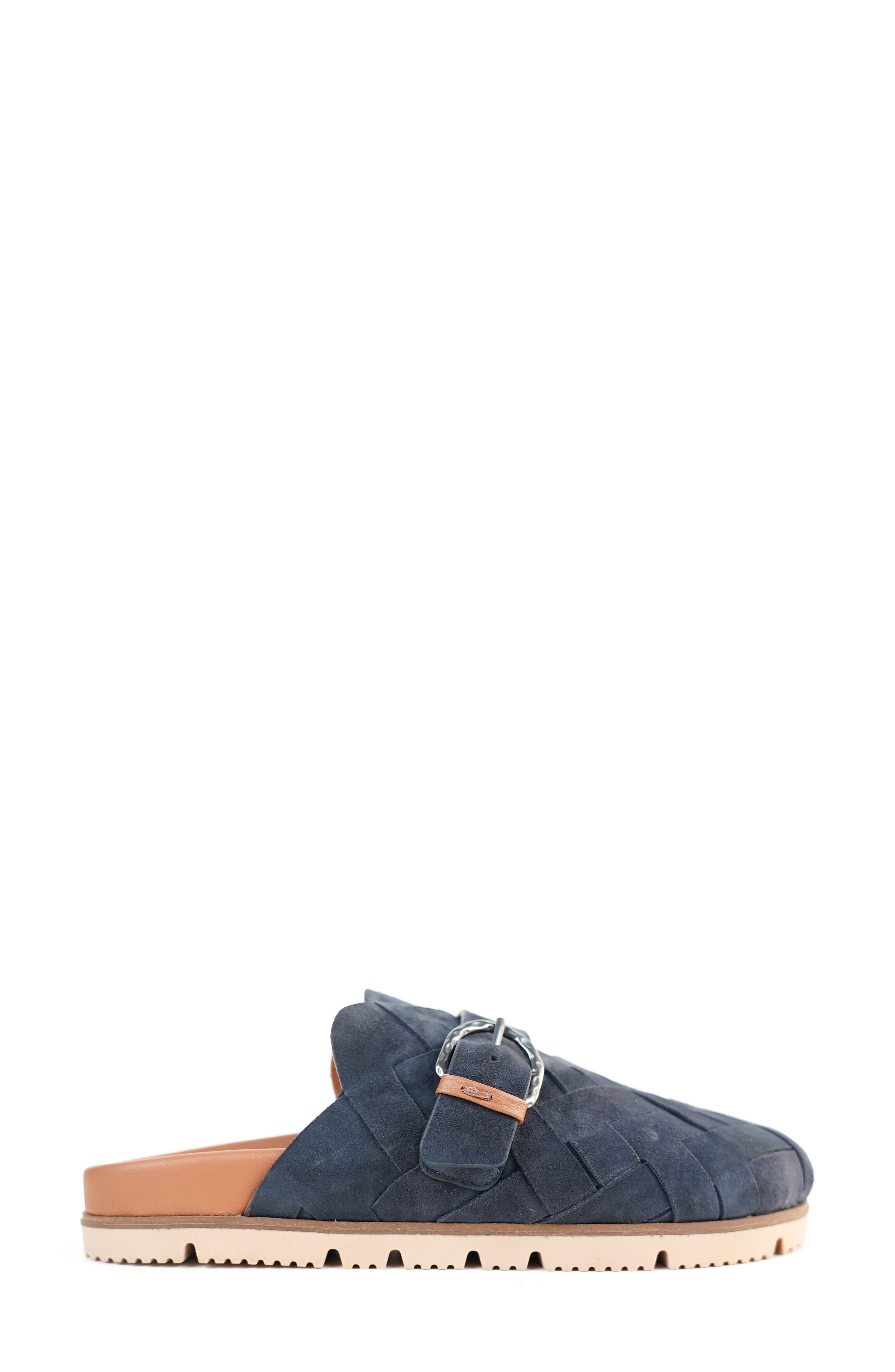 Bahari Flat Mule, Alternate, color, NAVY WOVEN SUEDE