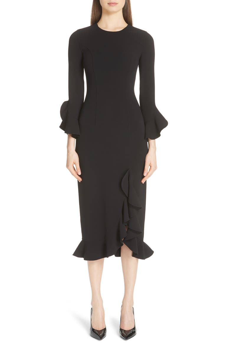Rumba Ruffle Trim Stretch Wool Dress, Main, color, BLACK