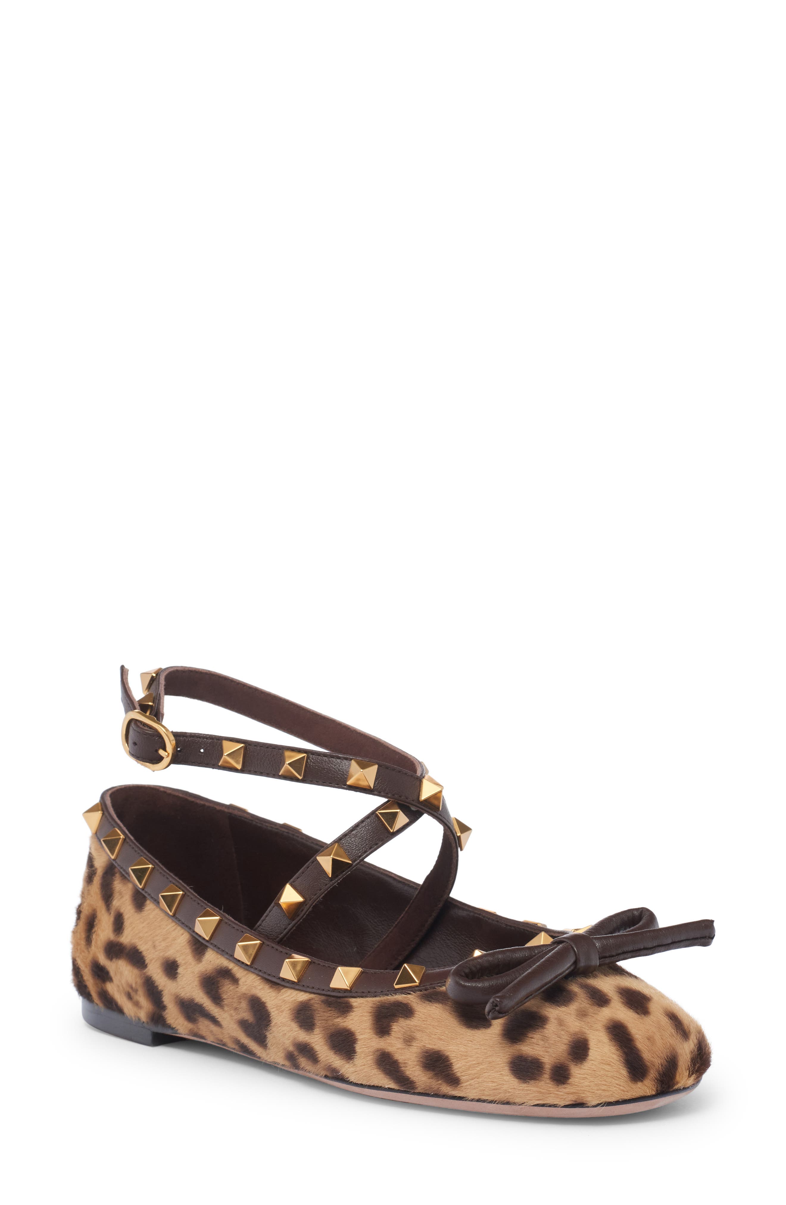 Valentino Garavani Rockstud Genuine Calf Hair Ankle Strap Ballet Flat, Main, color, 