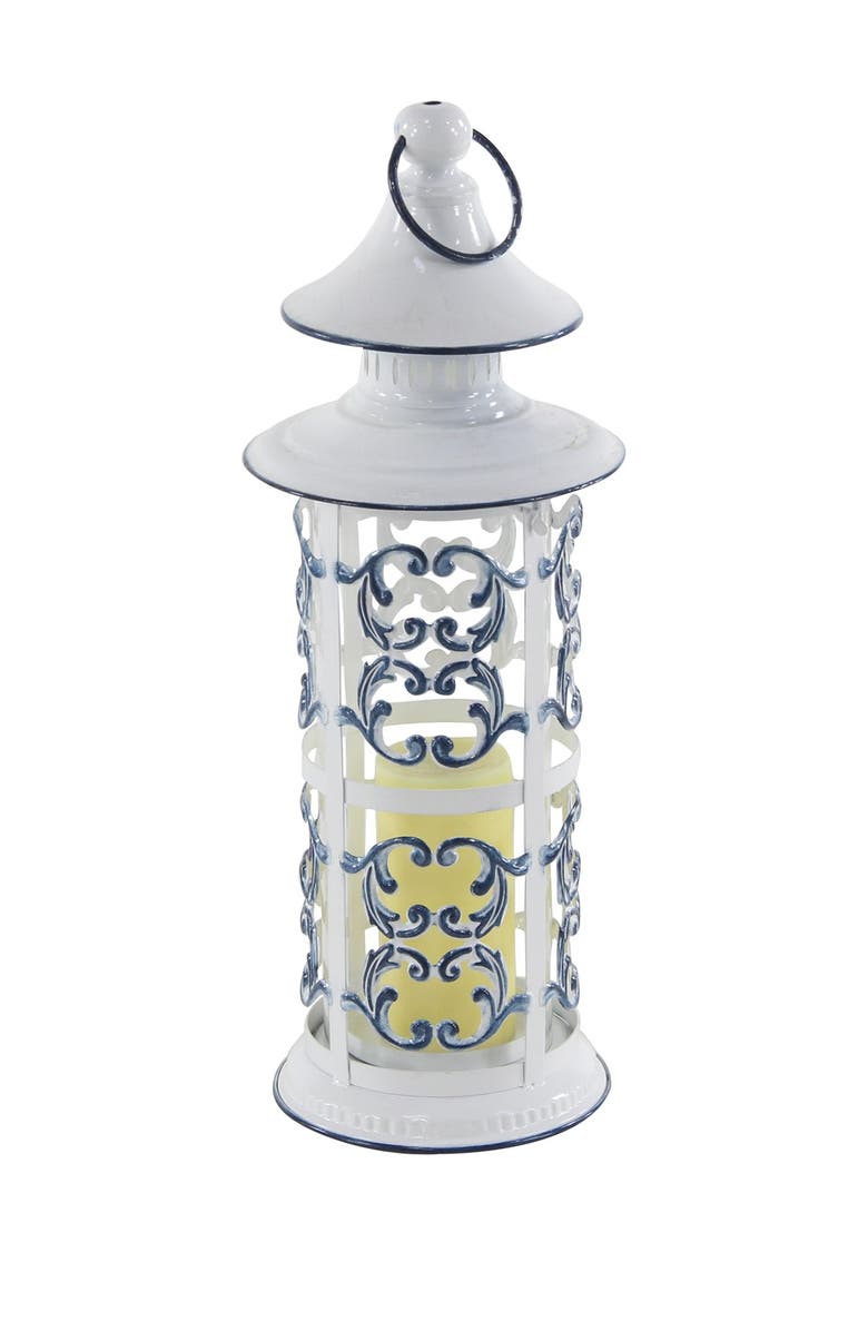 SONOMA SAGE HOME Large Cylindrical French Country Blue & White Metal Lantern w/ Finial and Ring - 7" x 20", Alternate, color, 