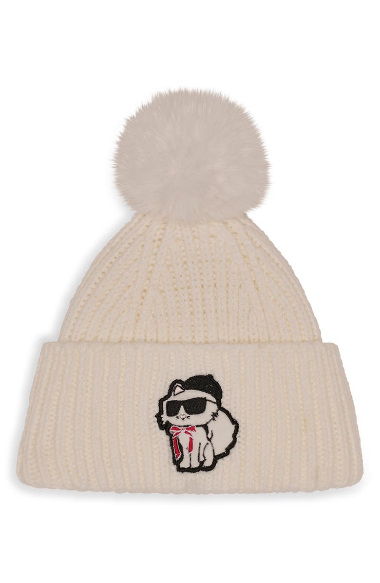 KARL LAGERFELD PARIS Sassy Choupette Faux Fur Pompom Beanie, Main, color, Ivory