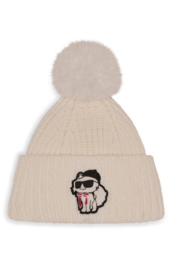 Karl Lagerfeld Paris Sassy Choupette Faux Fur Pompom Beanie In White