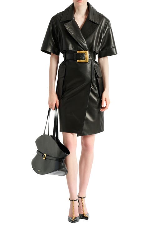 Belted lambskin leather dress