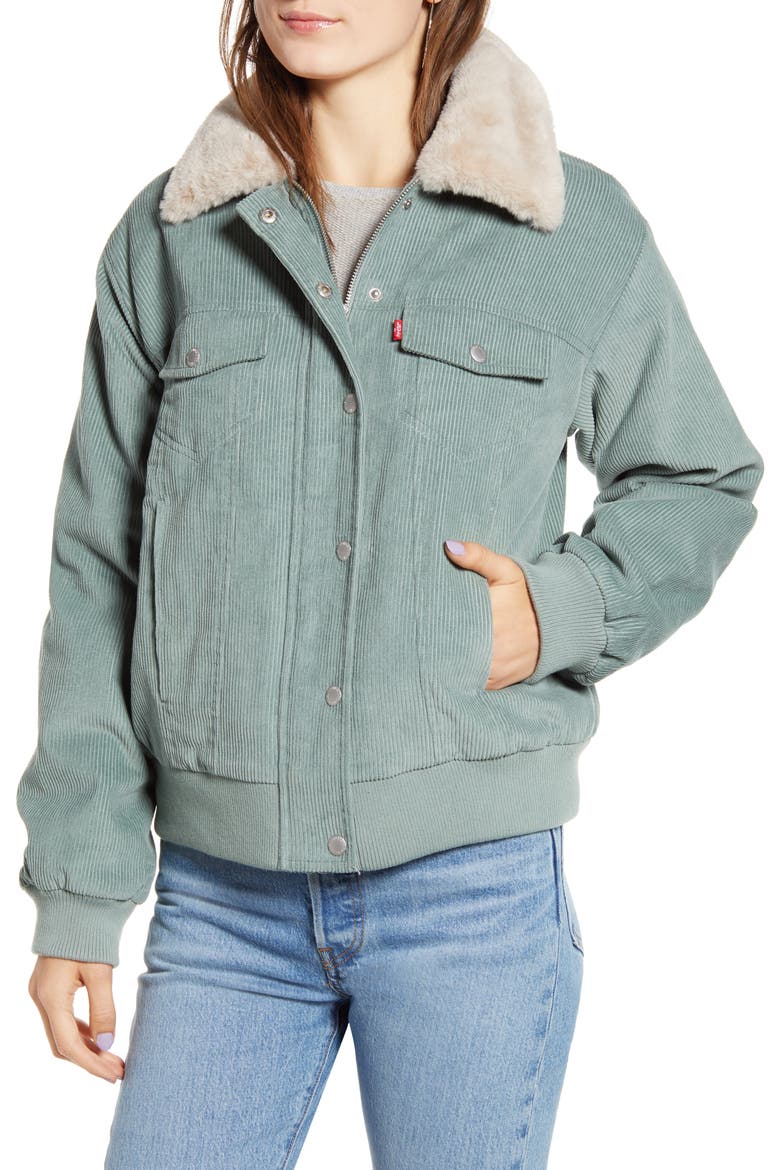 Levi's® Faux Fur Collar Corduroy Bomber Jacket, Alternate, color, MINT