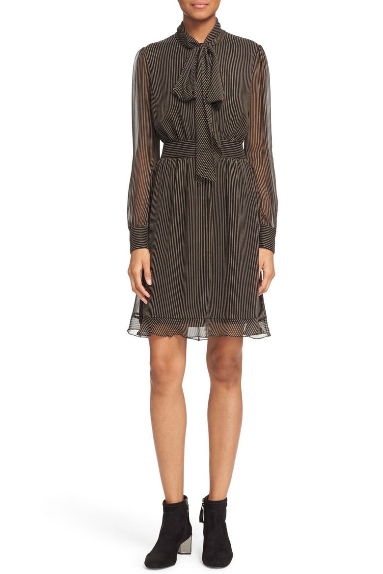 'Arabella' Pinstripe Silk Dress, Main, color, MINI PINSTRIPE CAMEL