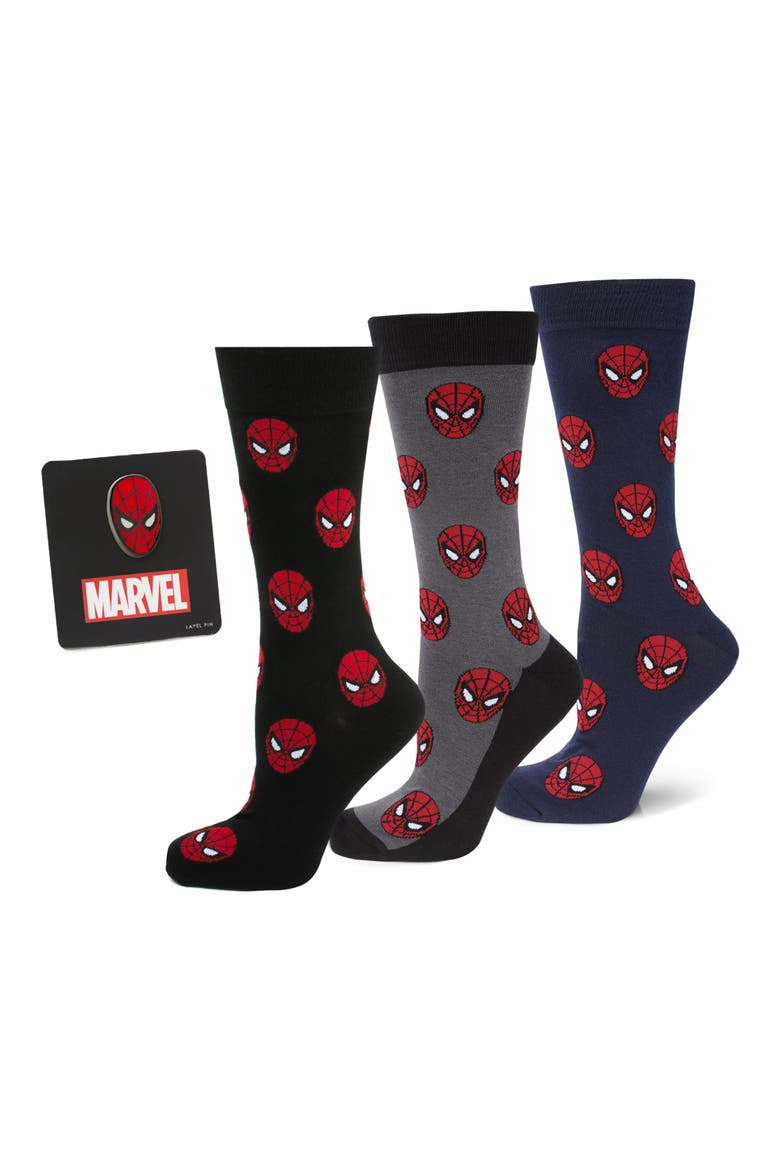 3-Pack Spider-Man Crew Socks & Lapel Pin Set, Main, color, BLACK MULTI
