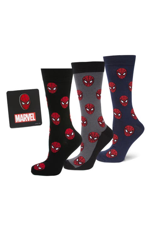 3-Pack Spider-Man Crew Socks & Lapel Pin Set