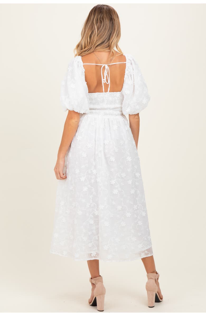 PinkBlush Embroidered Floral Puff Sleeve Midi Dress, Alternate, color, Ivory