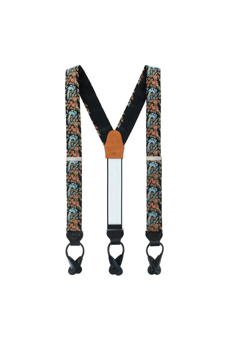 Birds of Prosperity Silk Button End Suspenders (Braces) and Bow Tie Set, Alternate, color, Black