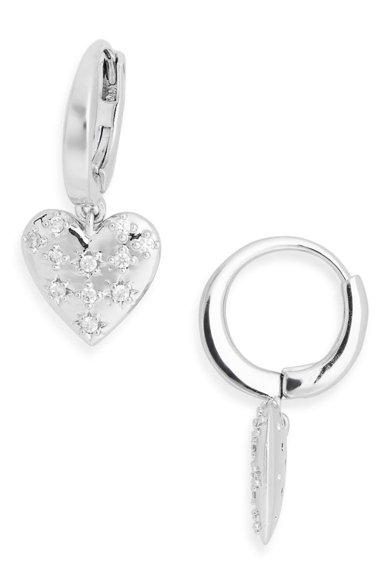 Cubic Zirconia Heart Drop Huggie Hoop Earrings, Main, color, RHODIUM