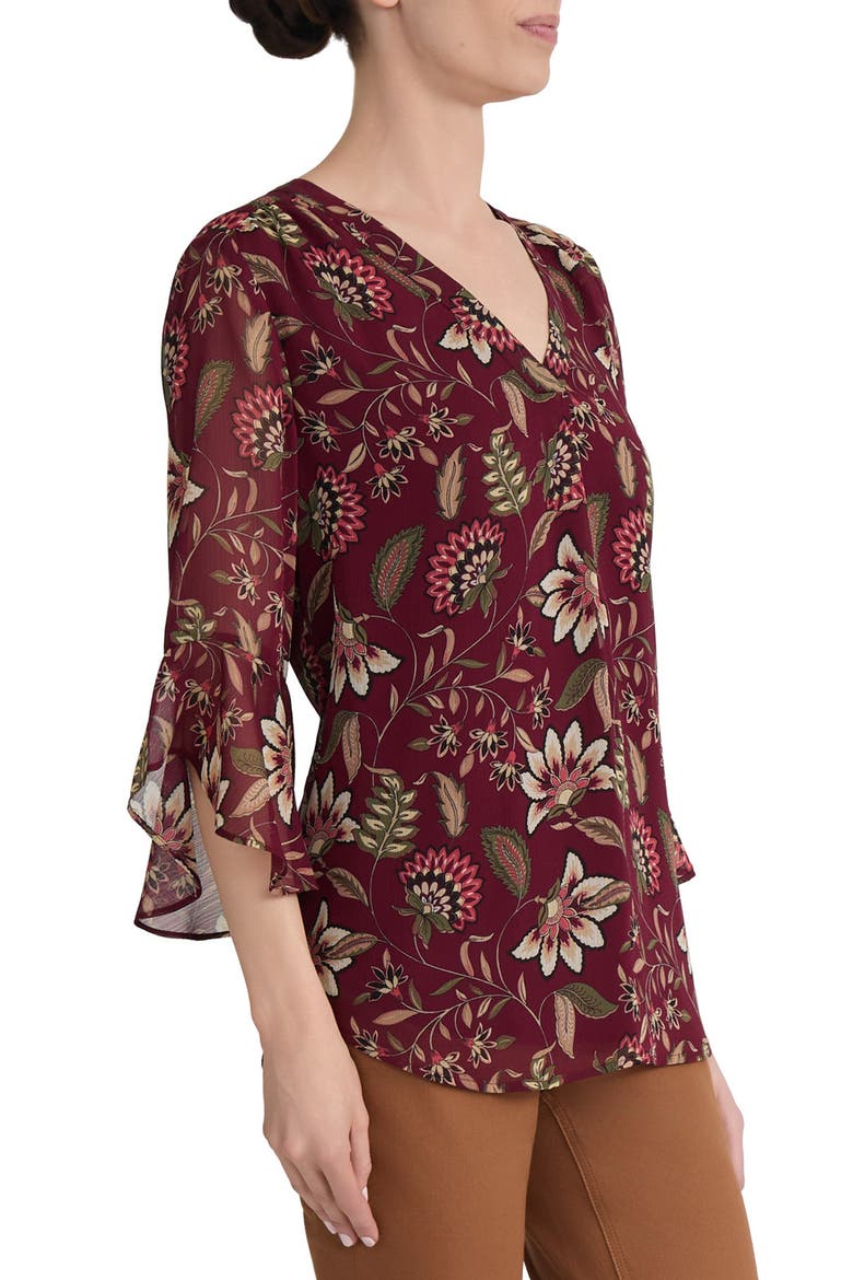 Floral V-Neck Flutter Sleeve Top, Alternate, color, WINE MULTI