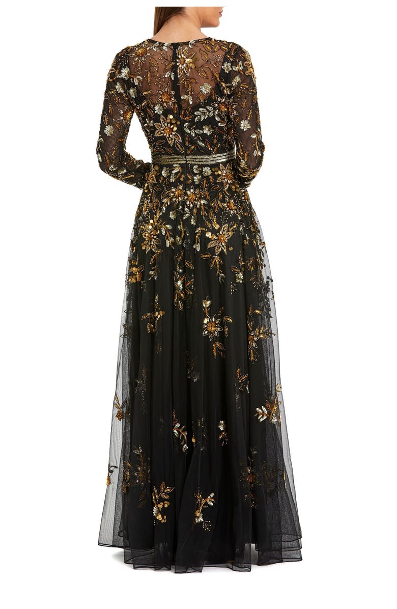 Mac Duggal Hand Beaded Mesh Long Sleeve High Neck A Line Gown, Alternate, color, Black Gold