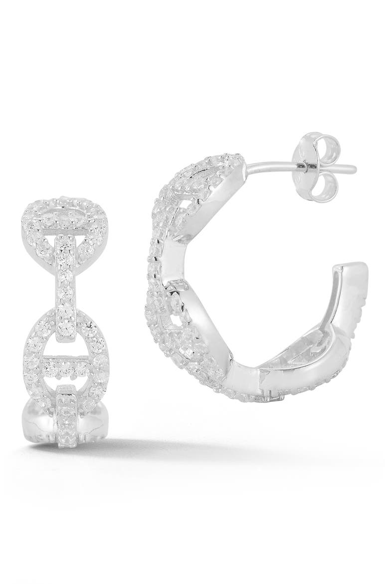 Pavé Cubic Zirconia Mariner Link Hoop Earrings, Main, color, SILVER