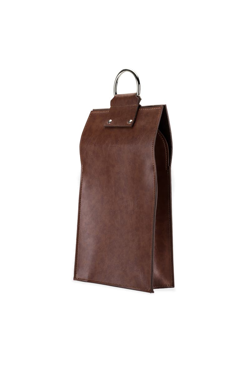 Brown Double-Bottle Wine Tote in Faux Leather, Main, color, Brown