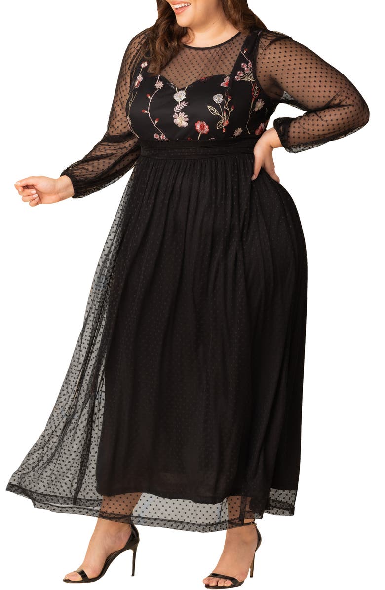 Kiyonna Mystique Embroidered Bodice Long Sleeve Mesh Gown, Alternate, color, Bordeaux Blooms