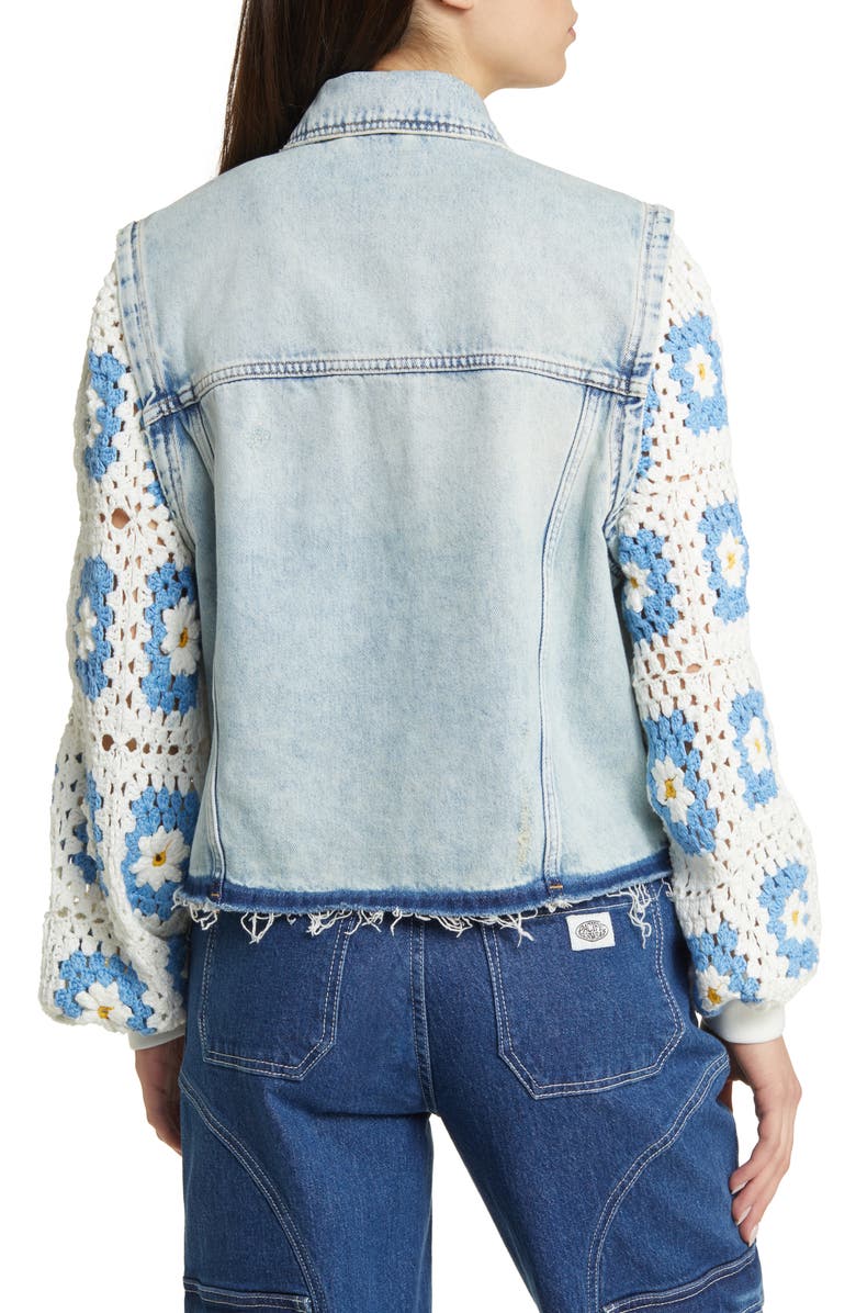 BLANKNYC Crochet Sleeve Distressed Denim Trucker Jacket, Alternate, color, 