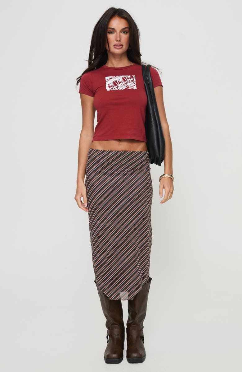 Princess Polly Harbor Low Rise Stripe Midi Skirt, Alternate, color, Brown