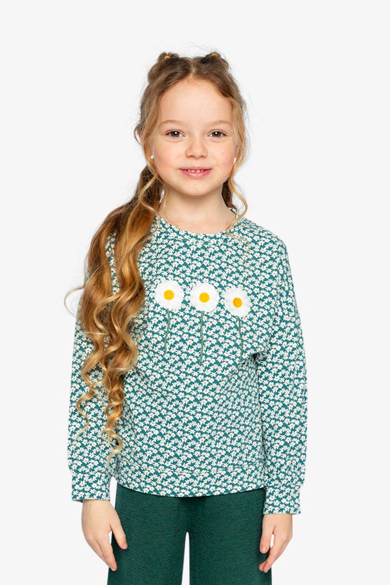 Jersey Daisy Embroidery Sweater Fit Long Sleeve T-Shirt, Alternate, color, Green Floral Print