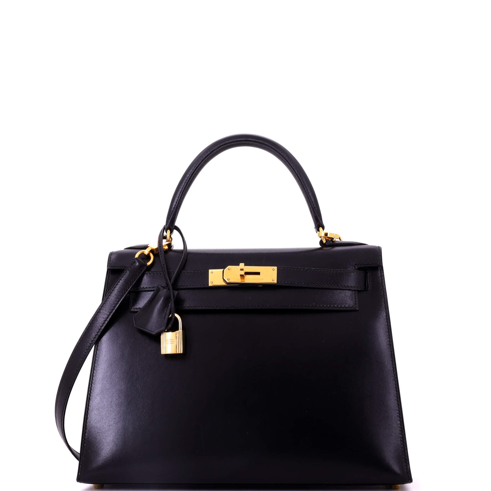 Pre-Owned Hermes Kelly Handbag Black Box Calf with Gold Hardware 28, Main, color, Noir