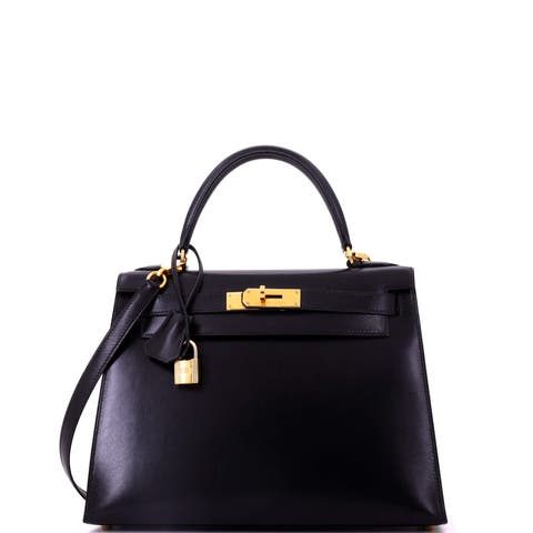 Kelly Handbag Black Box Calf with Gold Hardware 28