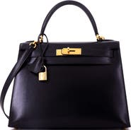 Pre-Owned Hermes Kelly Handbag Black Box Calf with Gold Hardware 28