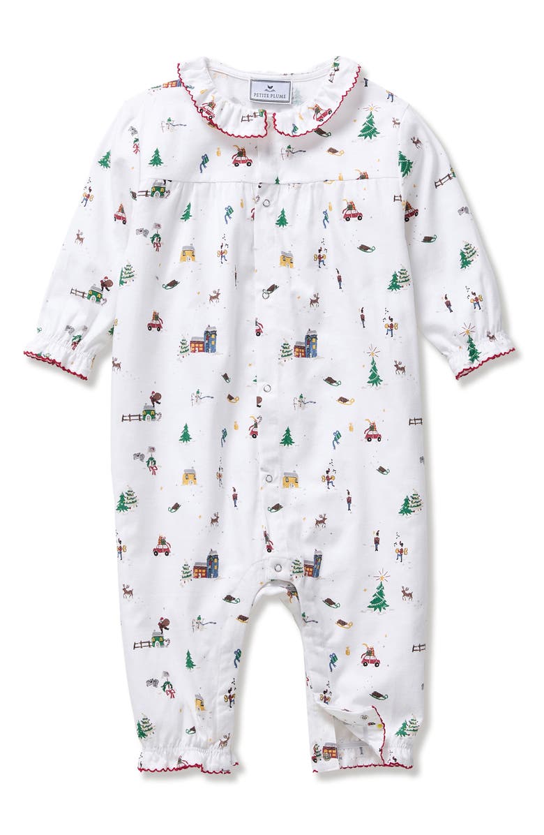 Petite Plume Madeline Holiday Town One-Piece Brushed Twill Pajamas, Main, color, White