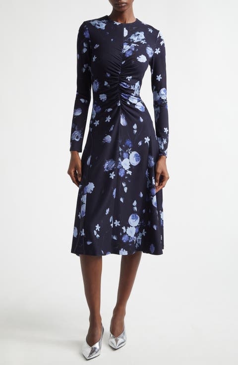 Floral Print Long Sleeve Ponte Knit Midi Dress