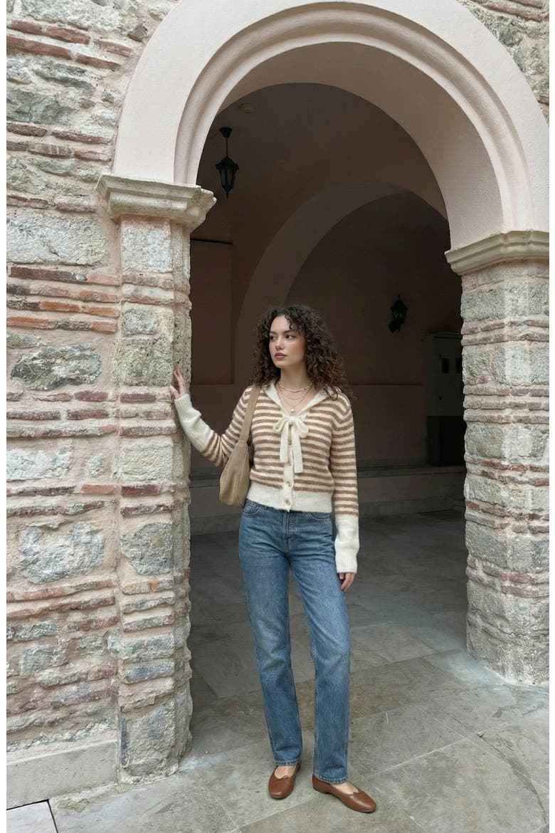 Striped Button-Up Cardigan Hoodie with Ribbon Tie and Ribbed Hem, Alternate, color, Ivory / Brown Stripes