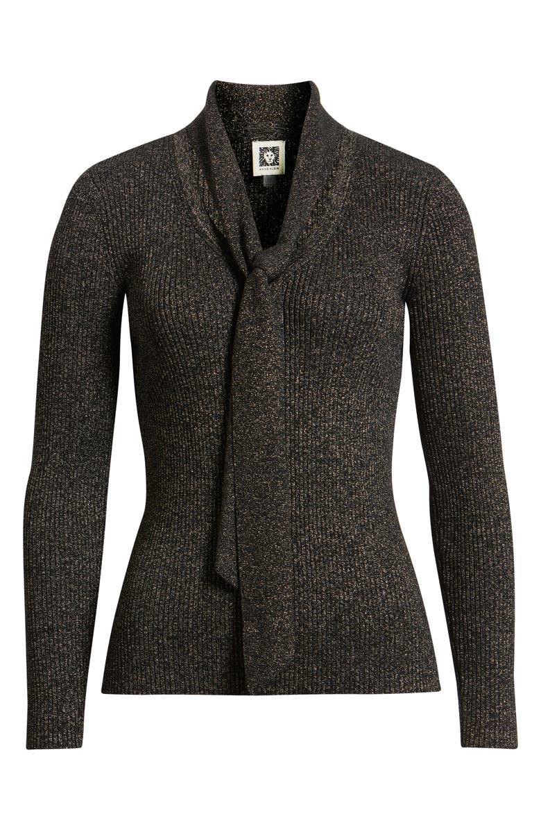 Anne Klein Tie Neck Rib Sweater, Alternate, color, Black W/ Gold Lurex