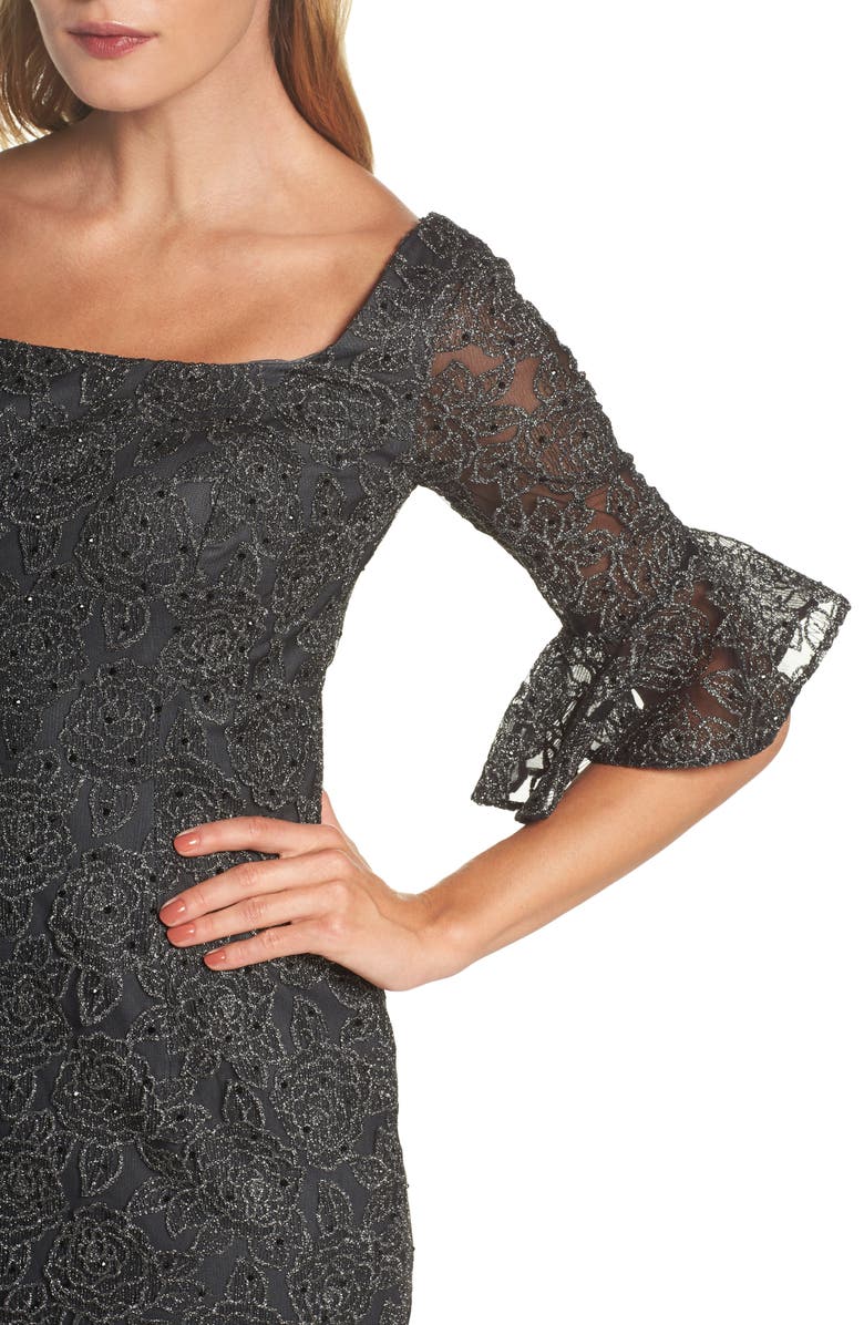 La Femme Mermaid Hem Embroidered Mesh Sheath Dress, Alternate, color,