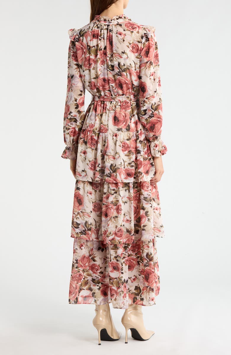 MELLODAY Floral Ruffle Tie Belt Long Sleeve Maxi Dress, Alternate, color, Ivory Multi