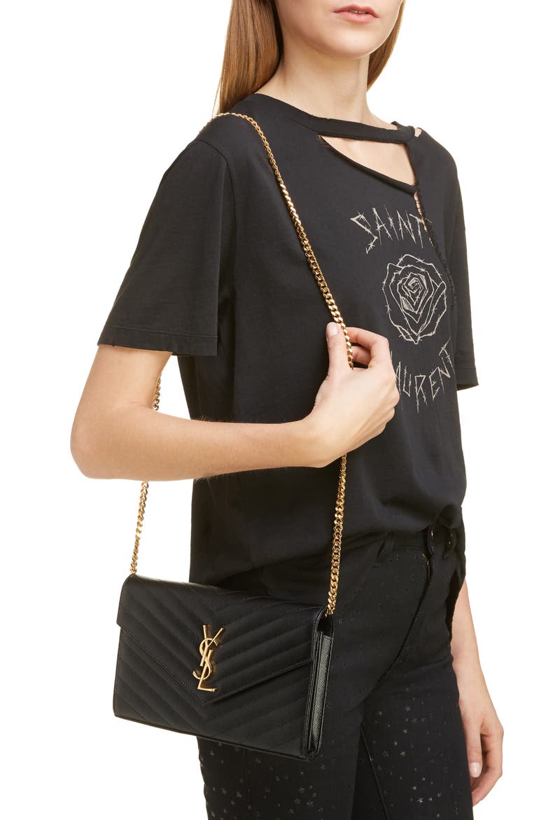 Cassandre Matelassé Leather Wallet on a Chain, Alternate, color, 1000 NERO