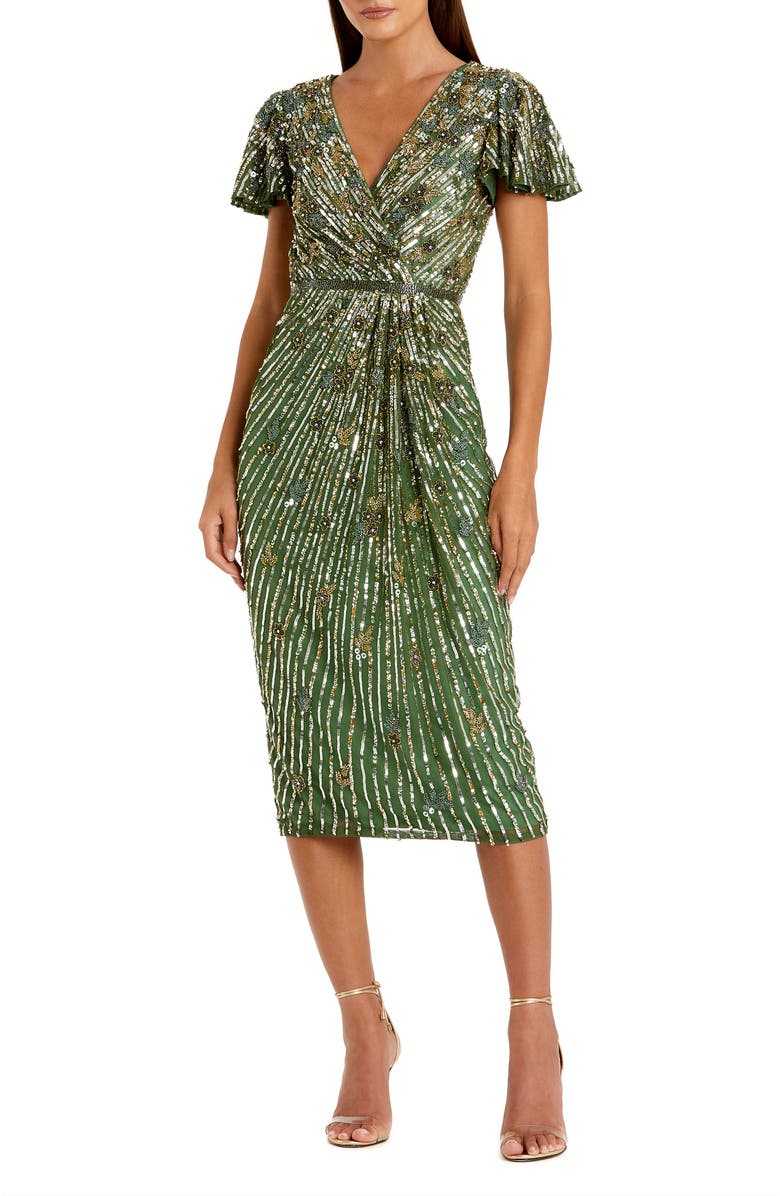 Mac Duggal Women's Embellished Faux Wrap Flutter Sleeve Dress, Main, color, Sage