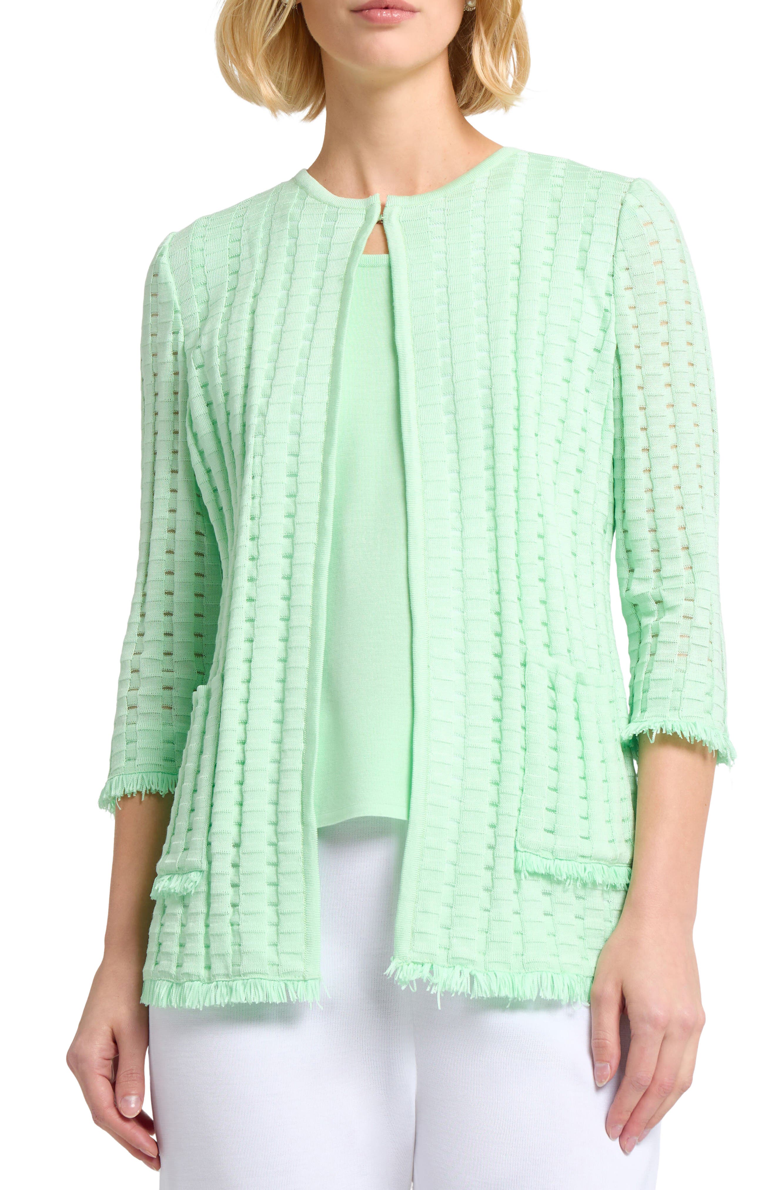 Misook Heritage Fringe Trim Tonal Burnout Knit Jacket