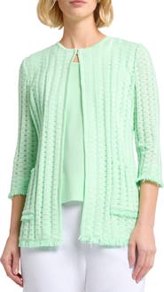 Misook Heritage Fringe Trim Tonal Burnout Knit Jacket