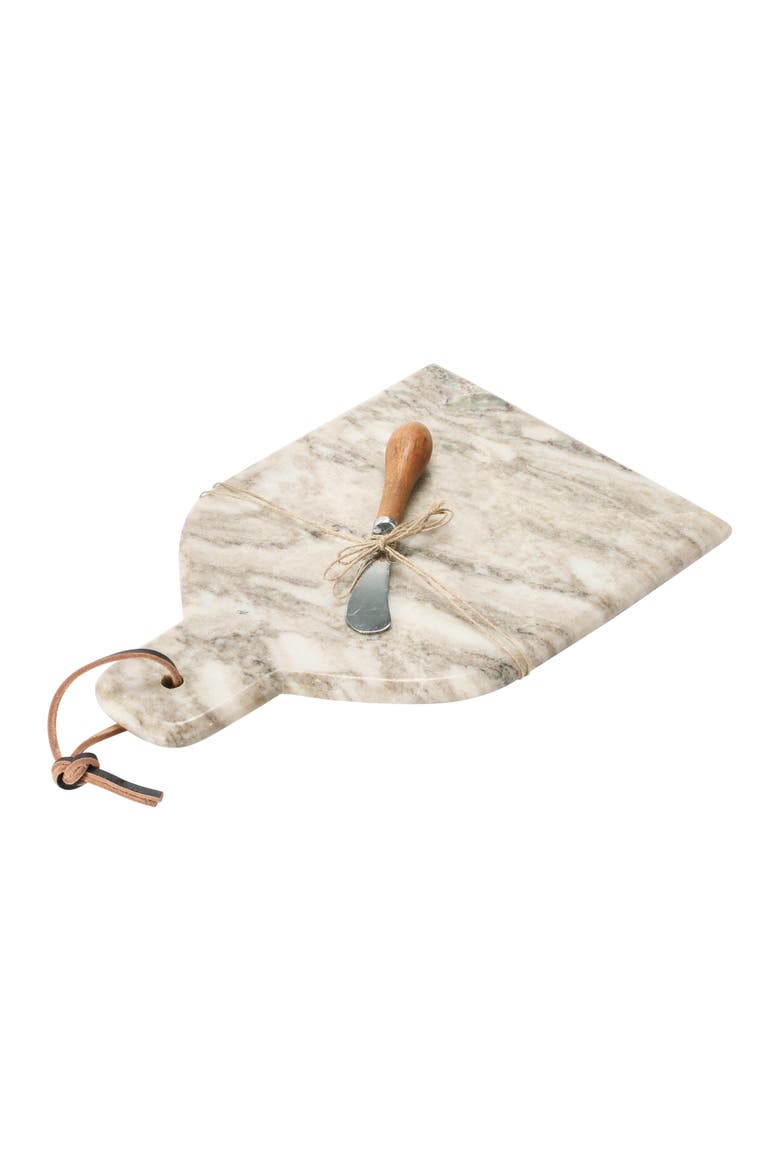 Marble Cheese and Cutting Board with Handle, Leather Tie and Canape Knife, Buff, Main, color, Brown