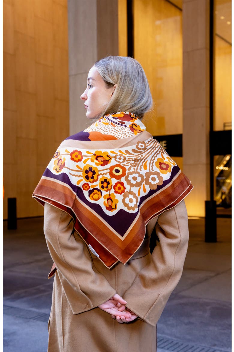 Double Sided Wool Silk Scarf Of Leopards With Floral Fountain, Alternate, color, Brown