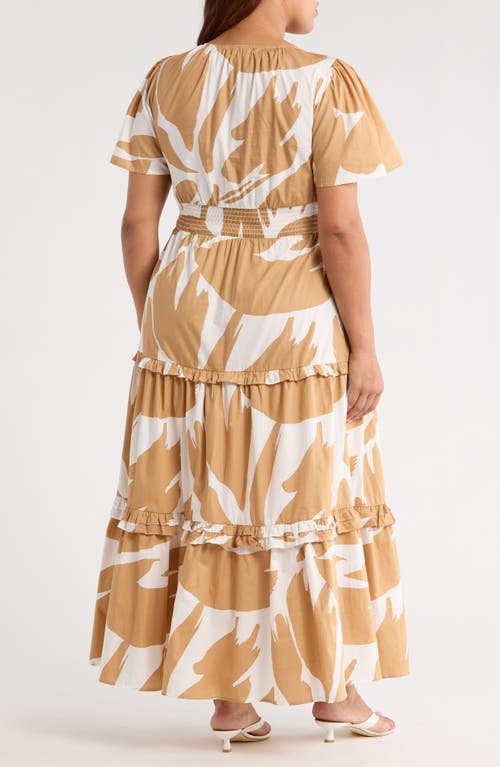 Sugarlips Hazel Abstract Palmer Tiered Cotton Maxi Dress In Brown