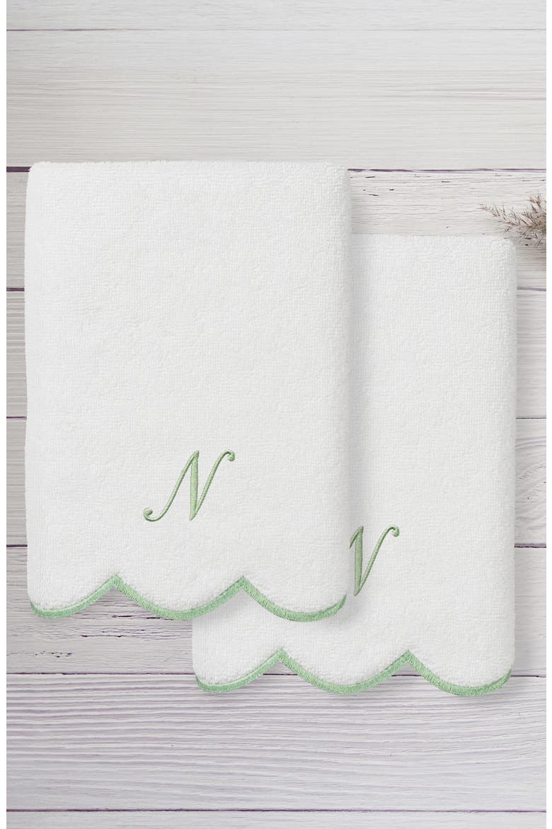 Adornia Scallop Initial Set of 2 Hand Towels, Alternate, color, WHITE/ GREEN N
